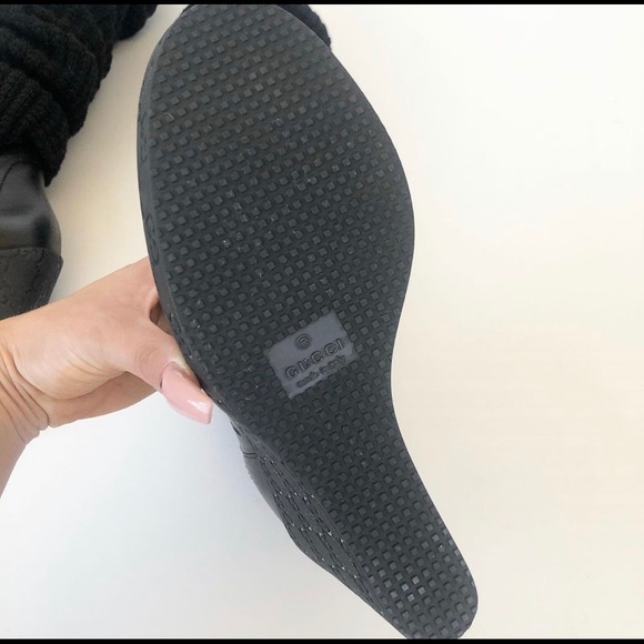 Gucci Black Leather Logo Knit Wool OTK Wedge Boots - Picture 8 of 9